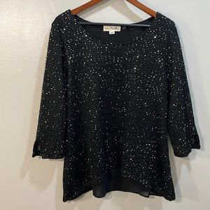 Simply Noelle Black Sequin Mixed Media Top with Split Back Women's Size S/M